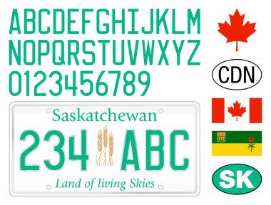 Saskatchewan car license plate pattern, Canada, numbers, letters and symbols, vector illustration clipart