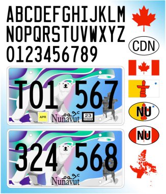 Nunavut bölge plaka modeli, Kanada, harfler, sayılar ve semboller, vektör illüstrasyonu, Kuzey Amerika