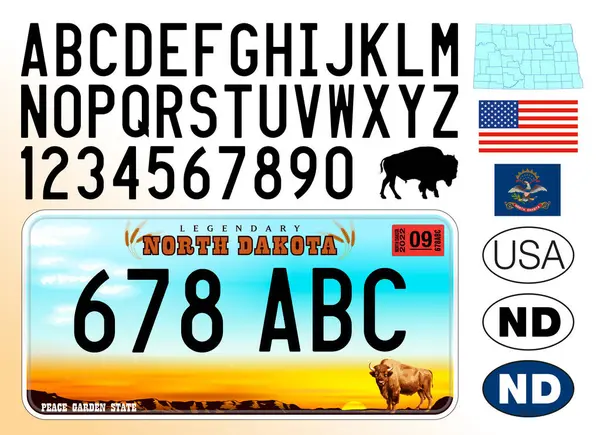 stock vector North Dakota car license plate pattern, numbers, letters and symbols, USA, United States, vector illustration