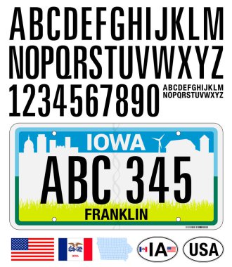 Iowa US state car license plate pattern, United States of America, numbers, letters and symbols, vector illustration