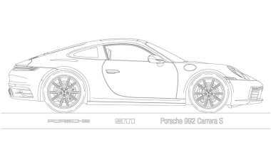 Stuttgart, Almanya, 2019 yılı - Porsche 992 Carrera S spor araba modeli, Porsche 911 'in sekizinci nesli, siluet beyaz arka planda çizilmiş, vektör çizimi