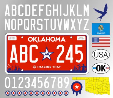 Oklahoma araba plakası yeni tarz 2024, harfler, sayılar ve semboller, vektör illüstrasyonu, ABD
