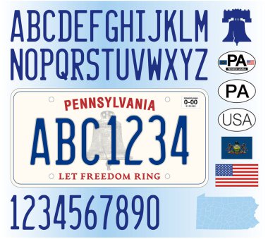 Pennsylvania State araba plakası yeni stil kalıbı, harfler, sayılar ve semboller, vektör illüstrasyonu, ABD