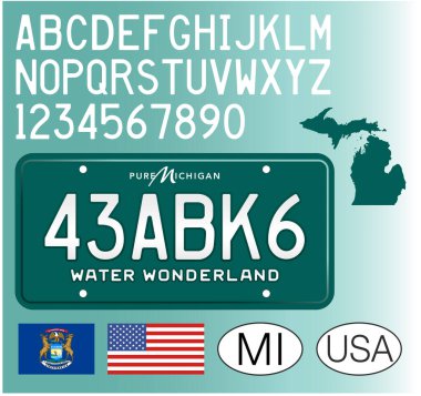 Michigan plakalı, eski model, Amerika Birleşik Devletleri, harfler, numaralar ve semboller vektör illüstrasyonu