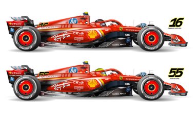 Monza, İtalya, Eylül 12024, Ferrari SF-24 formula 1, kazanan Charles Leclerc numara 16 ve Carlos Sainz numara 55, 2024 F1 dünya şampiyonası, illüstrasyon