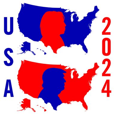 ABD, Amerika Birleşik Devletleri, Kasım 2024, siyasi seçimler, Donald Trump ve Kamala Harris 'in profil portreleri ve Amerika Birleşik Devletleri haritası ile grafiksel özet
