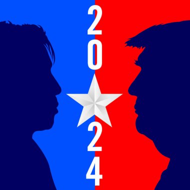 ABD, Amerika Birleşik Devletleri, Kasım 2024, siyasi seçimler, Donald Trump ve Kamala Harris 'in profil portreleriyle ayrıntılı çizimler,