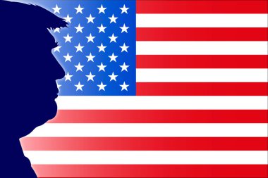 ABD Başkanı Donald Trump ABD bayrağı ve vektör illüstrasyonlu silüet portresi