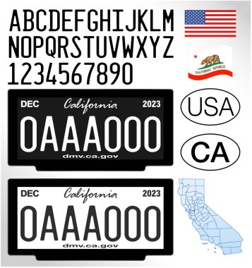 California eyaleti dijital plakası, harfler, sayılar ve semboller, vektör illüstrasyonu, Amerika Birleşik Devletleri