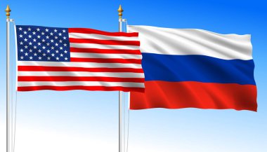 Birleşik Devletler Rusya Federasyonu 'na karşı, gökyüzü mavisi arka planda bayraklar sallıyor, vektör illüstrasyonu
