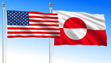 Birleşik Devletler Grönland 'a karşı, gökyüzü mavi arka planda bayraklar sallıyor, vektör illüstrasyonu