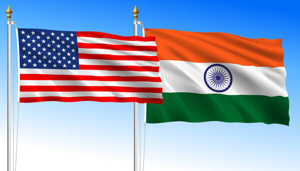 США против Индии, размахивая флагами на голубом фоне, векторная иллюстрация
