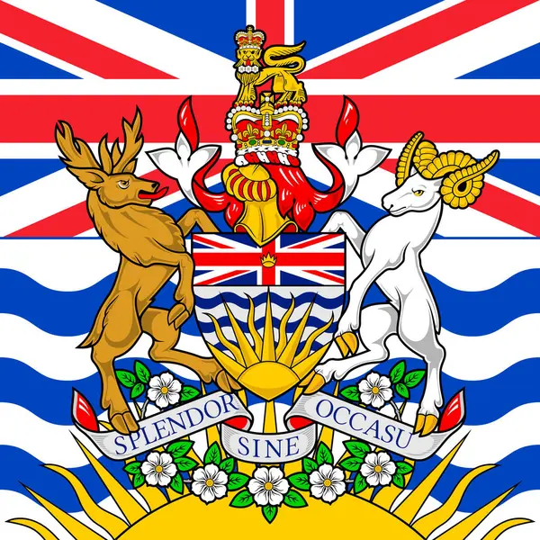 İngiliz Kolombiya bölgesi ve bölgesel arması bayrak üzerinde, Kanada, Kuzey Amerika ülkesi, vektör illüstrasyon 