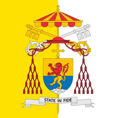 Coat of arms of the camerlengo of the Vatican City State 2025 on the Holy See flag, vector illustration