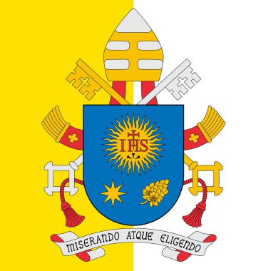 Coat of arms of Pope Francis the First, Bishop of Rome, 2013-2025, on the background of the flag of the Holy See, vector illustration
