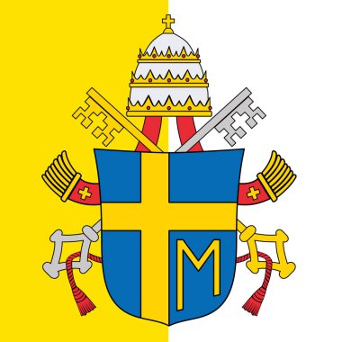 Coat of arms of Pope John Paul II, Bishop of Rome, 1978-2005, on the background of the flag of the Holy See, vector illustration