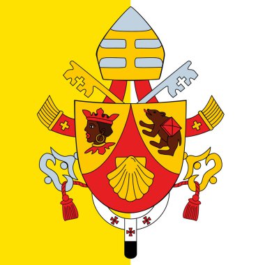 Coat of arms of Pope Benedict XVI, Bishop of Rome, 2005-2013, on the background of the flag of the Holy See, vector illustration