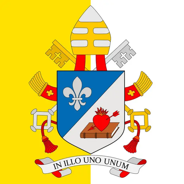 Yeni Papa 16. Leo 'nun arması (14.), Roma piskoposu 2025 yılı, Kutsal Bakış bayrağının arka planında.