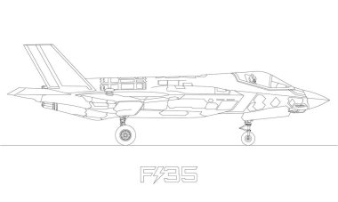 F-35 Lightning II supersonic military fighter plane, stealth strike fighters, silhouette line art, vector illustration
