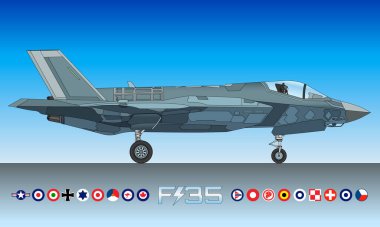 F-35 Lightning II supersonic military fighter plane, stealth strike fighters, coloured silhouette with the cockades of the air forces in the world that use it, vector illustration