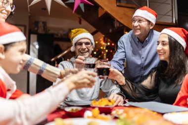 Mutlu aile, şarapla tezahürat yapıyor Noel yemeği masasında eğleniyor.