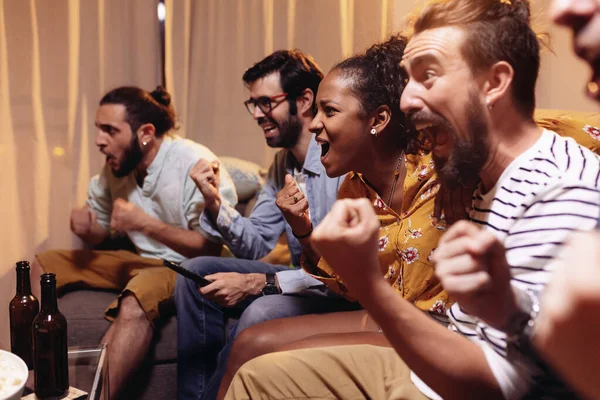 Football Supporter Fans Friends Watching Soccer Match Celebrating Goal Victory — Stock Photo, Image
