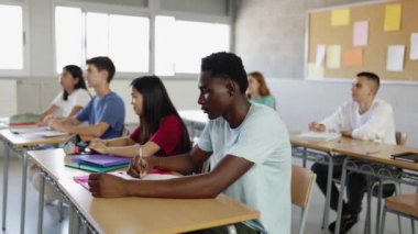 Sınıfta öğretmenlik dersini dinleyen çok ırklı bir grup öğrenci. Lisede okuyan çok ırklı bir genç. Eğitim kavramı