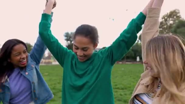 Tre Multiraciale Kvindelige Venner Fejrer Sammen Holde Hænder Udendørs Venskab – Stock-video