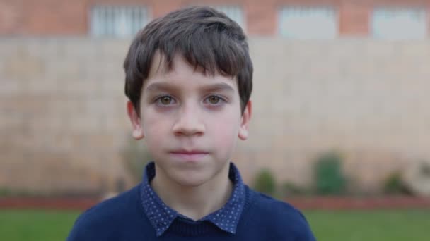 Portrét Usmívajícího Mladého Chlapce Ukazujícího Vypadlé Bílé Mléčné Zuby Koncepce — Stock video