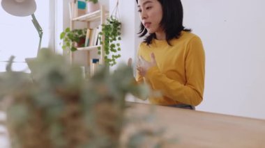 Evde çalışan mutlu Asyalı kadın dizüstü bilgisayarında video görüşmesi yapıyor. Girişimci ve serbest çalışan insanlar, Çinli kadınların internet üzerinden konuştuğu bir konsept.