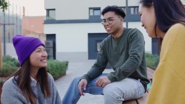 Szczęśliwi Młodzi Zróżnicowani Etniczni Przyjaciele Rozmawiający Bawiący Się Świeżym Powietrzu — Wideo stockowe