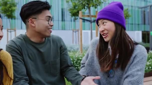 若い大人のアジアの同僚の学生の友人の屋外会議 市内の公園のベンチに座っている間に議論をしている100万人の中国の10代の人々 友情のライフスタイル — ストック動画