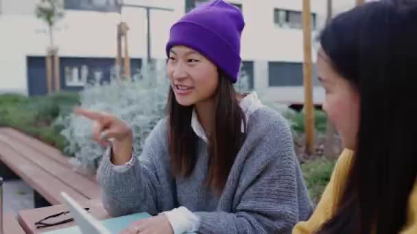 Junge Asiatische Kollegen Mit Laptops Sitzen Tisch Und Unterhalten Sich — Stockvideo