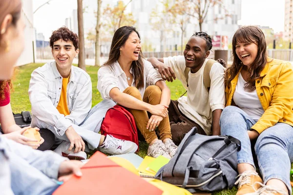 大学のキャンパスの芝生の上で一緒に笑って楽しい多人種の学生の若いグループ 十代の同級生社会的な集まりリラックス屋外 — ストック写真