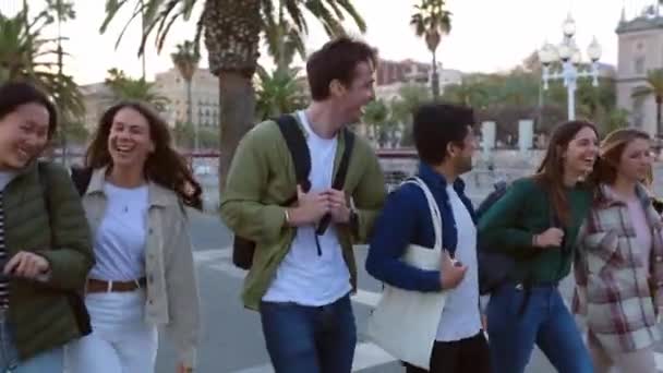 Şehir Caddesinde Yürüyen Genç Bir Grup Insan Gençlik Toplumu Arkadaşlık — Stok video