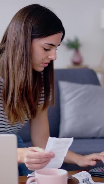 Young Woman Calculating Household Tax Bills Expenses Sitting Sofa Cozy — Αρχείο Βίντεο