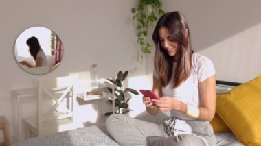 Mutlu genç bir kadın akıllı telefon kullanıyor ve sabahları yatakta oturuyor. Milenyum kadını cep telefonu uygulamasındaki sosyal medya içeriğini izleyerek eğleniyor. Hafta sonları odada dinleniyor. Teknoloji konsepti