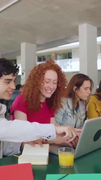 Νεανική Ομάδα Μαθητών Γυμνασίου Που Μελετούν Μαζί Φορητό Υπολογιστή Συμμαθητές — Αρχείο Βίντεο