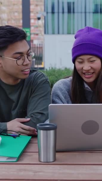 Lächelnde Junge Asiatische Studentenfreunde Mit Gemeinsam Arbeitenden Laptops Sitzen Auf — Stockvideo