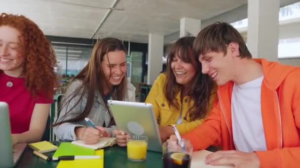 Diverse Groep Studenten Die Samen Studeren Universiteitscampus Teamwork Onderwijs Lifestyle — Stockvideo