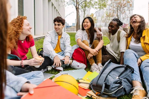 学生の友情コンセプトは キャンパス カレッジ パークの草の上に座っている多民族クラスメイトの友人たち ミレニアル世代の人々は外で楽しい社会集会をしています — ストック写真
