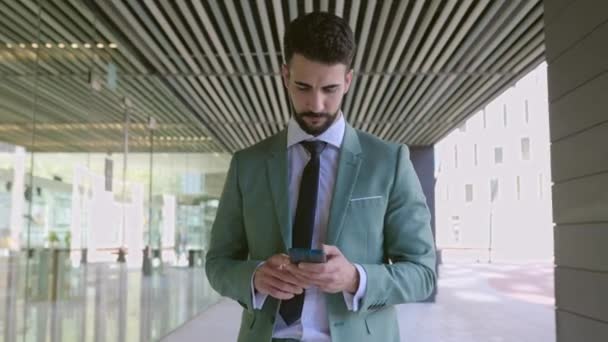 Excited Young Adult Businessman Looking Phone Screen Celebrating Online Win — Stock Video