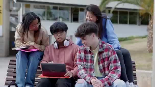 Multietniska Universitetsstudenter Vänner Som Studerar Tillsammans Campus Olika Tonåringar Gör — Stockvideo