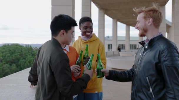 Kelompok Muda Orang Bersenang Senang Minum Bir Bersama Sama Luar — Stok Video