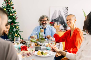 Çok nesildir mutlu bir aile evde Noel yemeği yiyor.