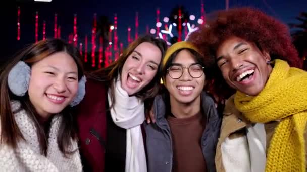 United Group College Friends Smile Camera Standing Together Urban Background — Stock Video