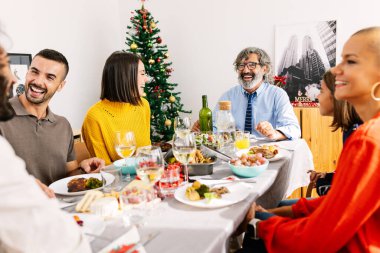 Mutlu aile Noel yemeğini evde yemek için masanın etrafında toplandı. Yaşlı yetişkin bir adam Noel kutlamalarında hindi yerken komik deneyimler ya da hikayeler anlatıyor..