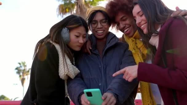 Multiracial Friends Laughing Watching Social Media Content Mobile Phone App — Vídeos de Stock