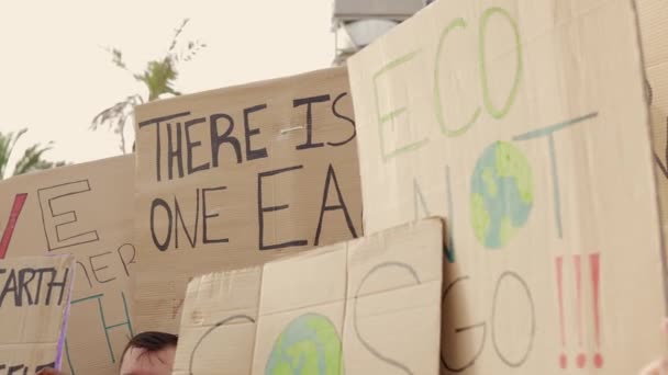 Группа Активистов Держит Плакаты Плакаты Изменении Климата Окружающая Среда Сохранение — стоковое видео