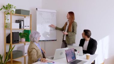 Genç iş kadını bir toplantı odasında iş arkadaşlarına konuşma yapıyor. Yüksek kalite 4k görüntü